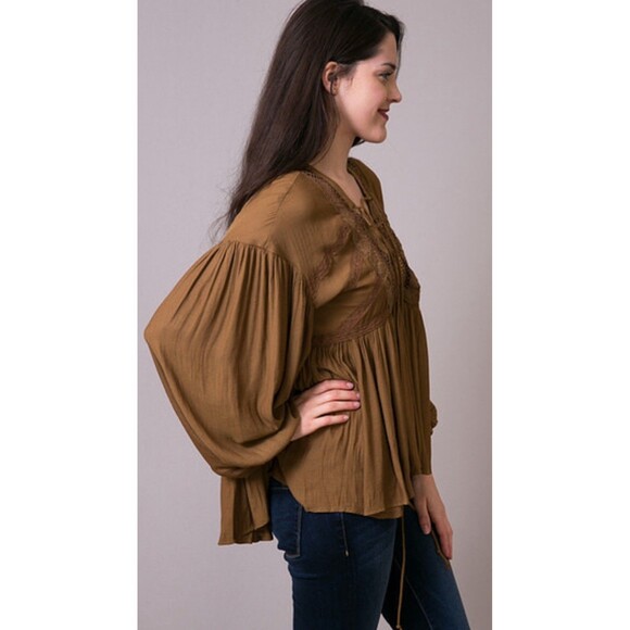 Free People Bell Sleeve Blouse Flowy Peasant Burgundy Brown boho top Size Small - Picture 2 of 14